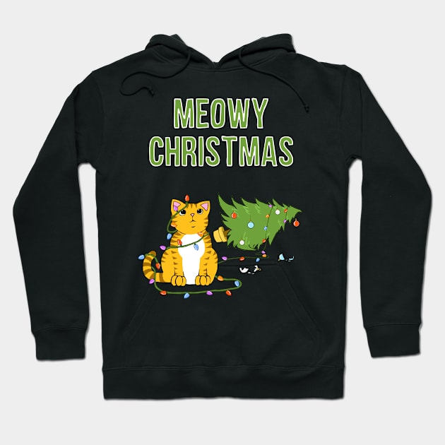 Meowy Christmas Tabby Cat Knocked Over Xmas Tree Hoodie by xenotransplant